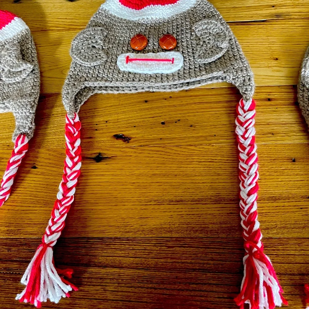 3 Handmade Sock Monkey Hats - Adult One Size